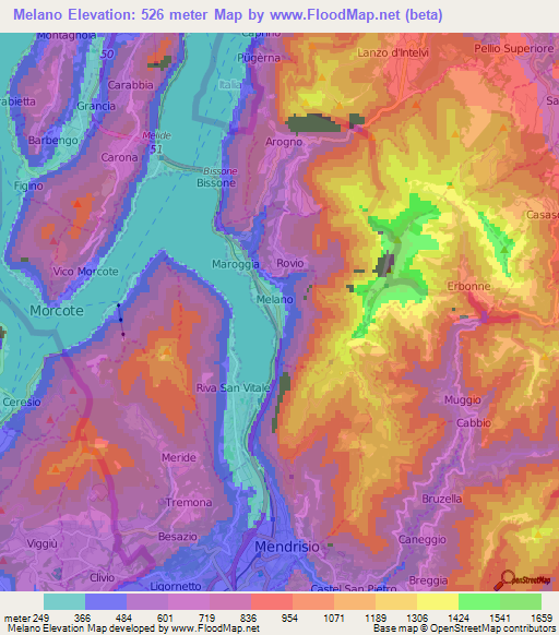 Melano,Switzerland Elevation Map