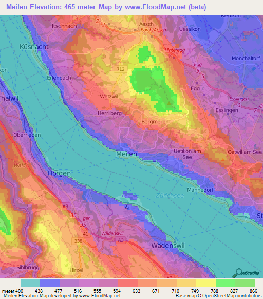 Meilen,Switzerland Elevation Map