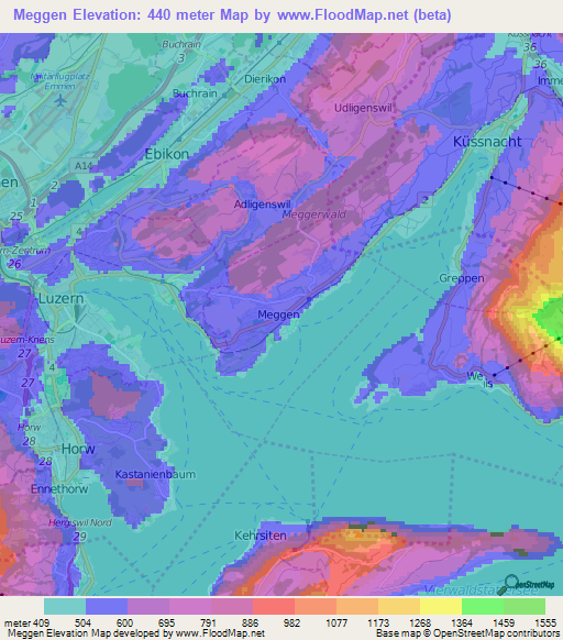 Meggen,Switzerland Elevation Map