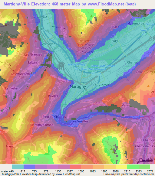 Martigny-Ville,Switzerland Elevation Map