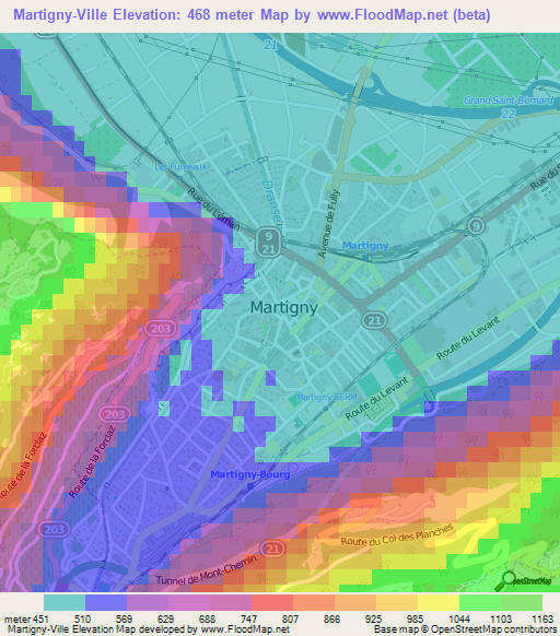 Martigny-Ville,Switzerland Elevation Map