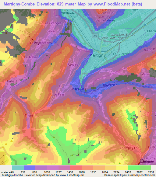 Martigny-Combe,Switzerland Elevation Map