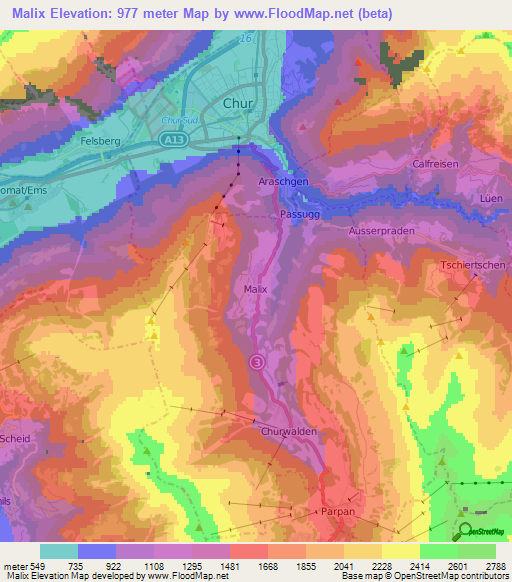 Malix,Switzerland Elevation Map