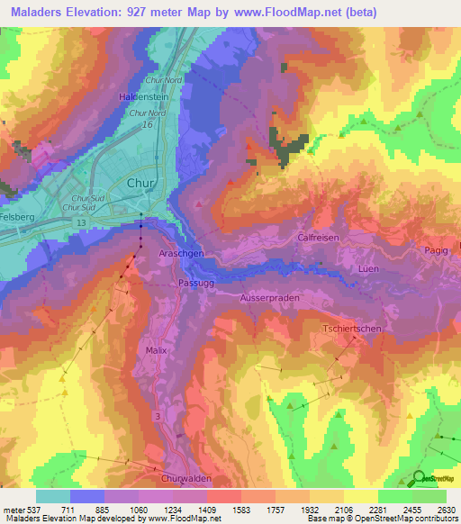 Maladers,Switzerland Elevation Map