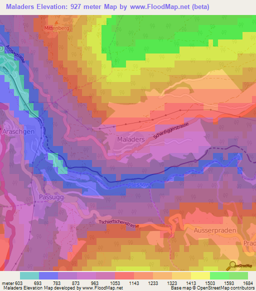 Maladers,Switzerland Elevation Map