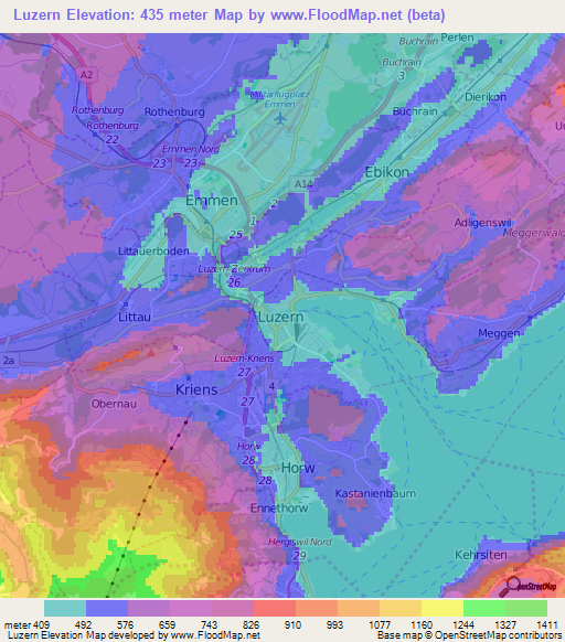 Luzern,Switzerland Elevation Map