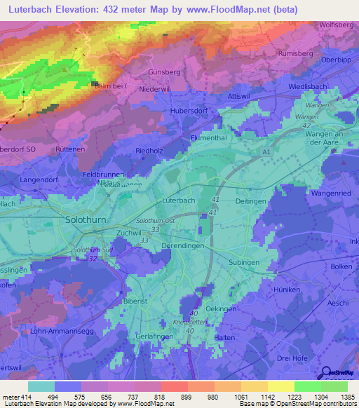 Luterbach,Switzerland Elevation Map