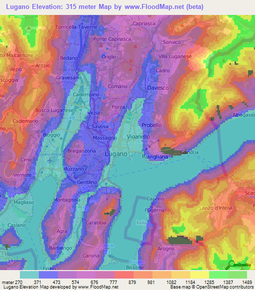 Lugano,Switzerland Elevation Map