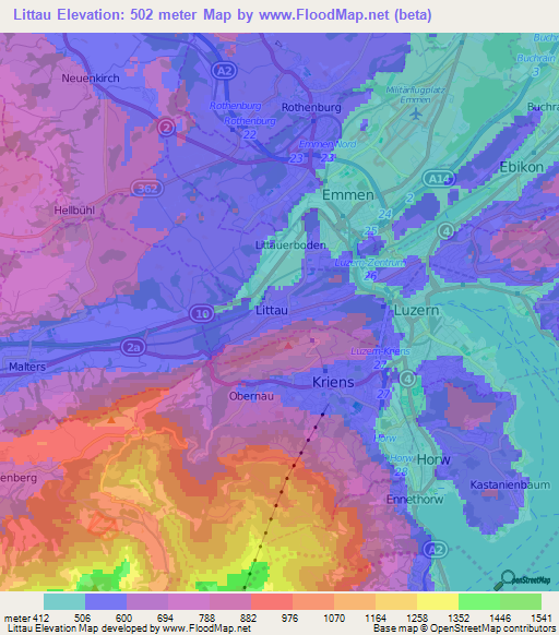 Littau,Switzerland Elevation Map