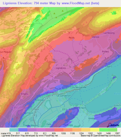 Lignieres,Switzerland Elevation Map