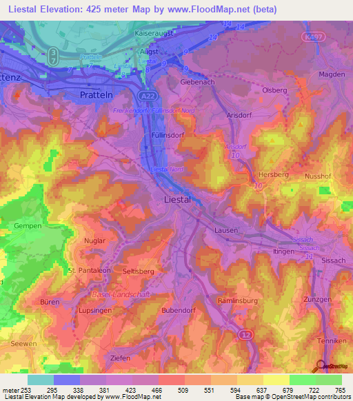 Liestal,Switzerland Elevation Map