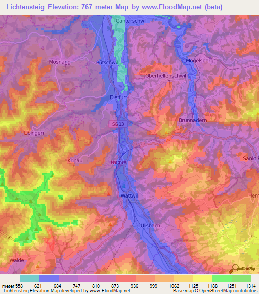 Lichtensteig,Switzerland Elevation Map