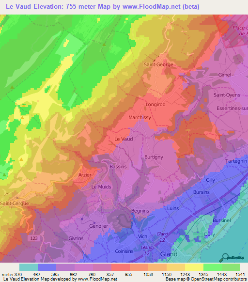 Le Vaud,Switzerland Elevation Map