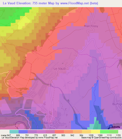 Le Vaud,Switzerland Elevation Map