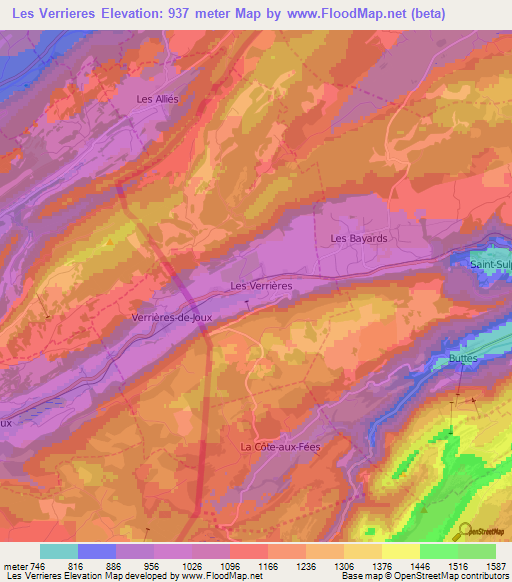 Les Verrieres,Switzerland Elevation Map
