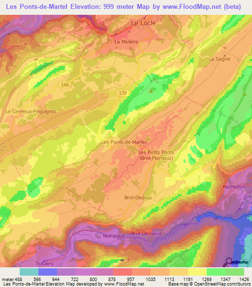 Les Ponts-de-Martel,Switzerland Elevation Map