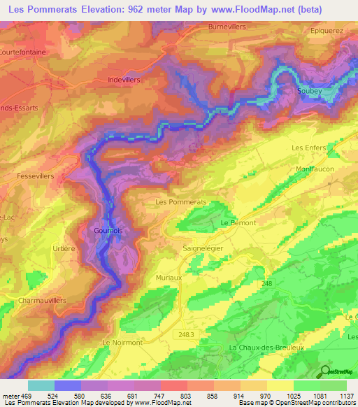 Les Pommerats,Switzerland Elevation Map