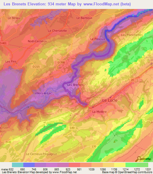 Les Brenets,Switzerland Elevation Map