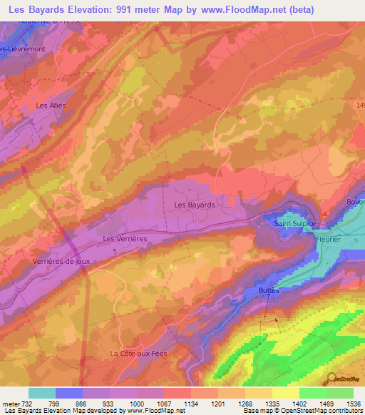 Les Bayards,Switzerland Elevation Map
