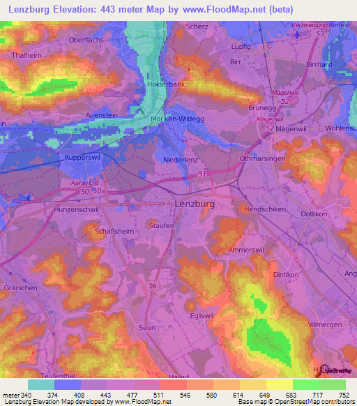 Lenzburg,Switzerland Elevation Map