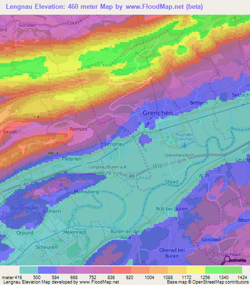 Lengnau,Switzerland Elevation Map