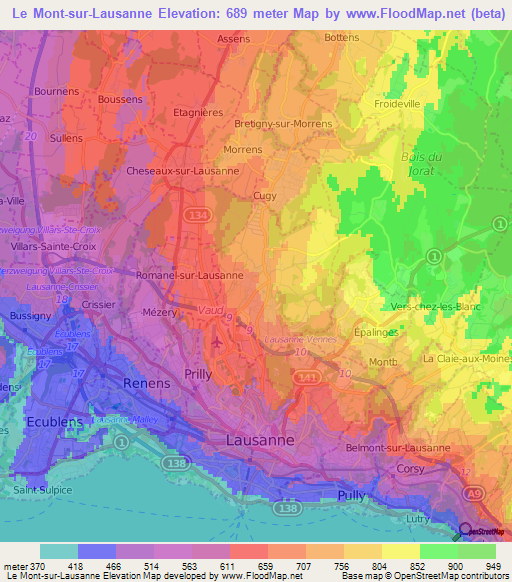 Le Mont-sur-Lausanne,Switzerland Elevation Map