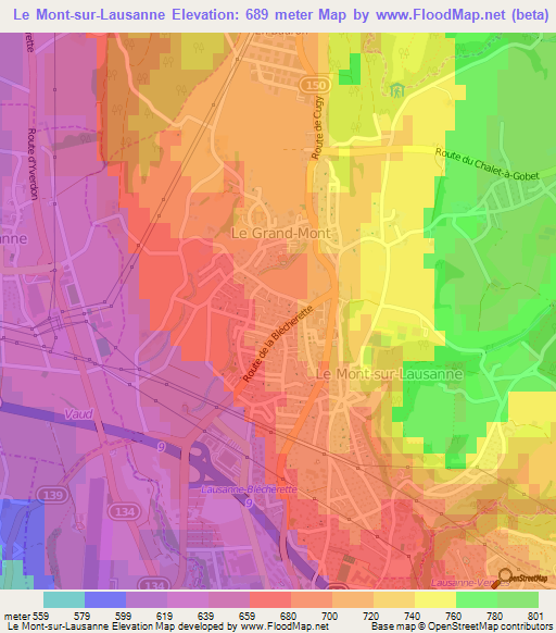 Le Mont-sur-Lausanne,Switzerland Elevation Map