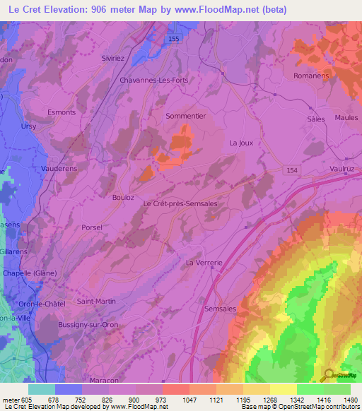 Le Cret,Switzerland Elevation Map