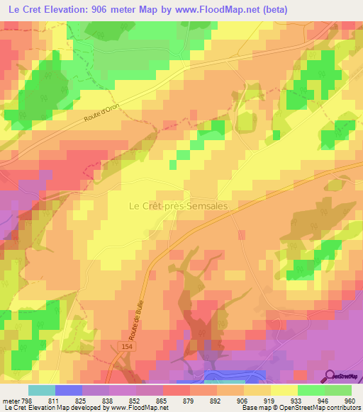 Le Cret,Switzerland Elevation Map