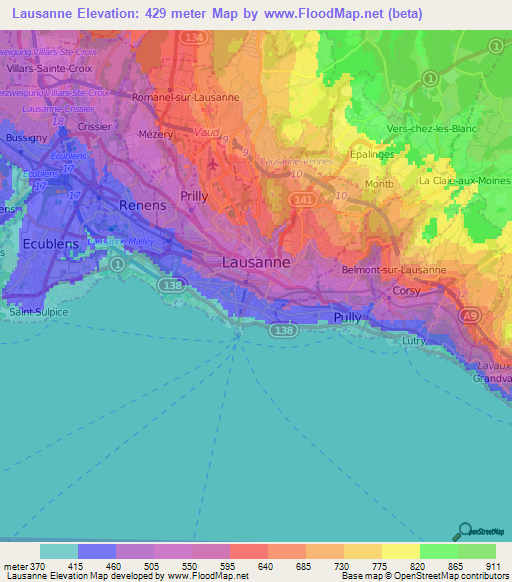 Lausanne,Switzerland Elevation Map