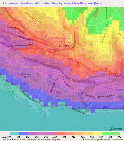 Lausanne,Switzerland Elevation Map