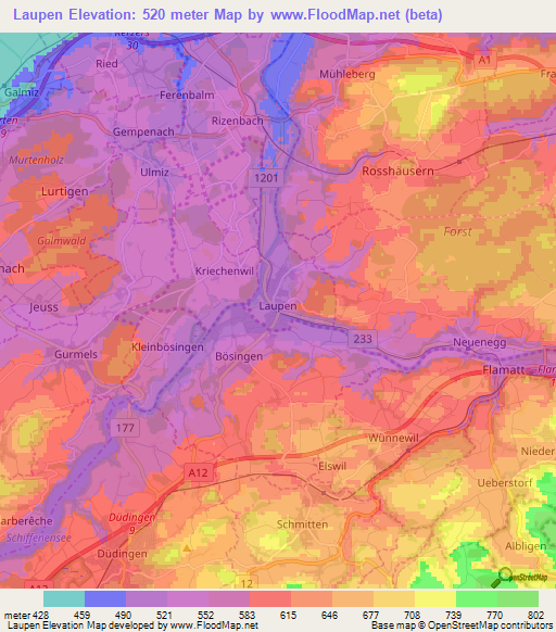 Laupen,Switzerland Elevation Map