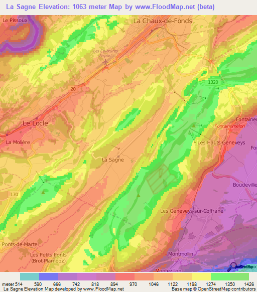 La Sagne,Switzerland Elevation Map