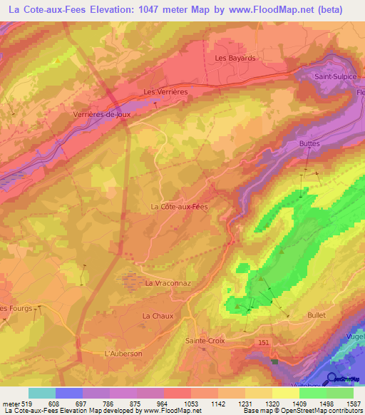 La Cote-aux-Fees,Switzerland Elevation Map