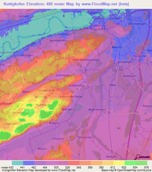Kuttigkofen,Switzerland Elevation Map