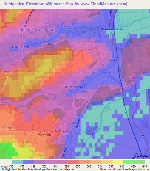 Kuttigkofen,Switzerland Elevation Map