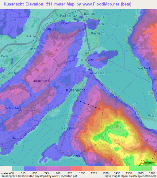 Kussnacht,Switzerland Elevation Map