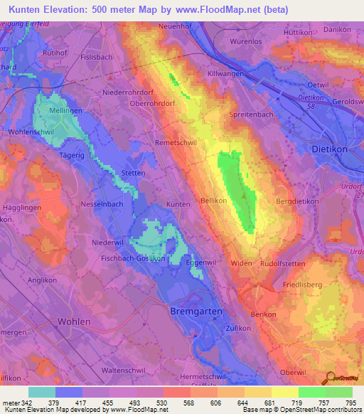 Kunten,Switzerland Elevation Map