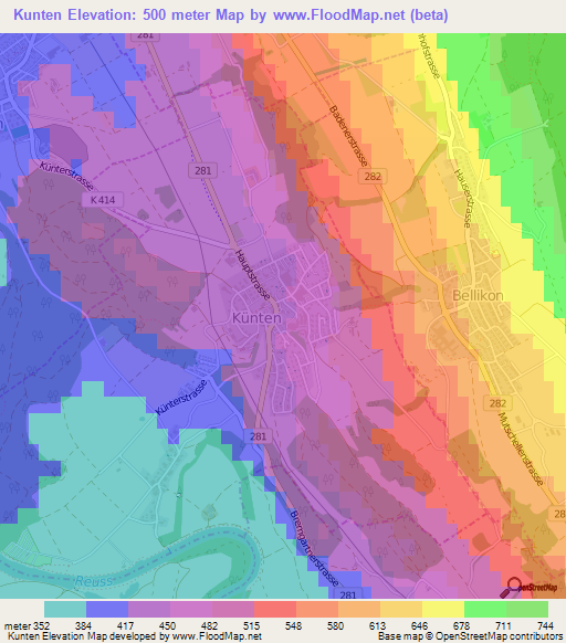 Kunten,Switzerland Elevation Map