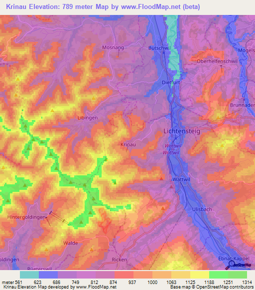 Krinau,Switzerland Elevation Map