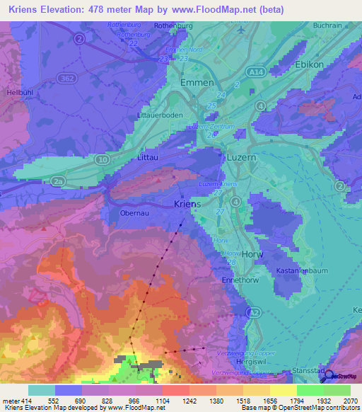 Kriens,Switzerland Elevation Map