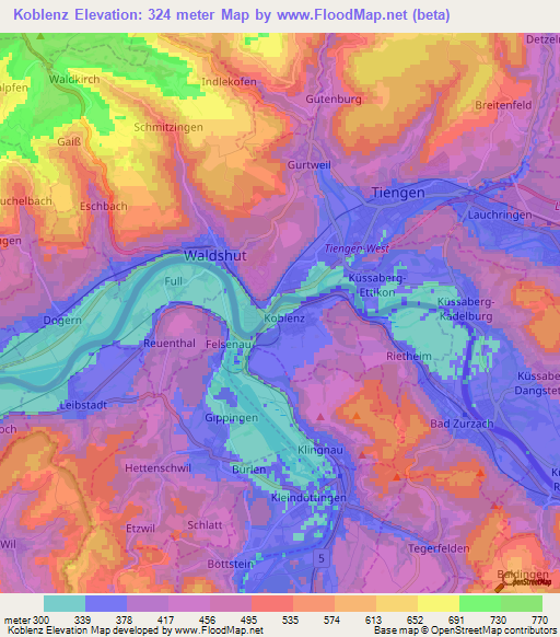 Koblenz,Switzerland Elevation Map