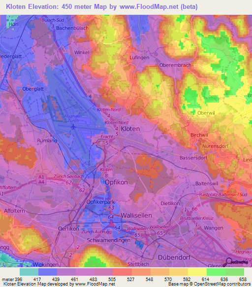 Kloten,Switzerland Elevation Map