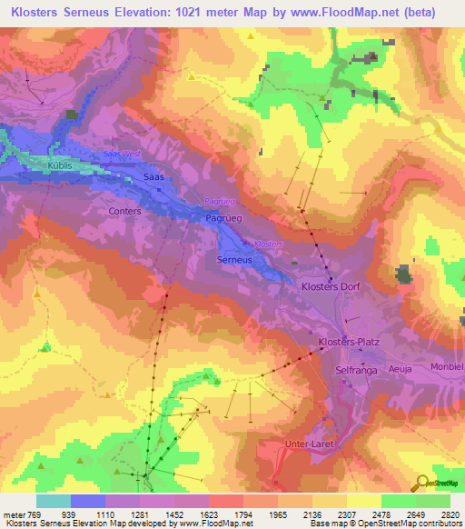 Klosters Serneus,Switzerland Elevation Map