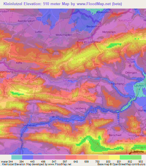 Kleinlutzel,Switzerland Elevation Map