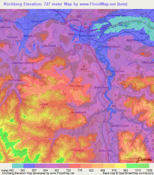 Kirchberg,Switzerland Elevation Map