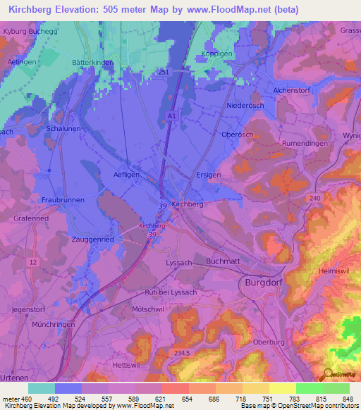 Kirchberg,Switzerland Elevation Map