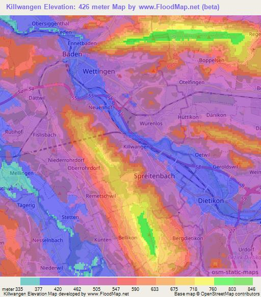 Killwangen,Switzerland Elevation Map