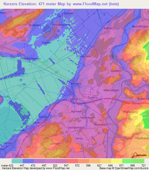 Kerzers,Switzerland Elevation Map