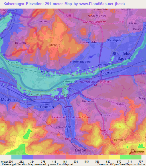 Kaiseraugst,Switzerland Elevation Map